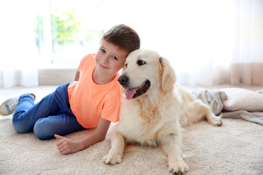 image of a boy and a dog on carpet