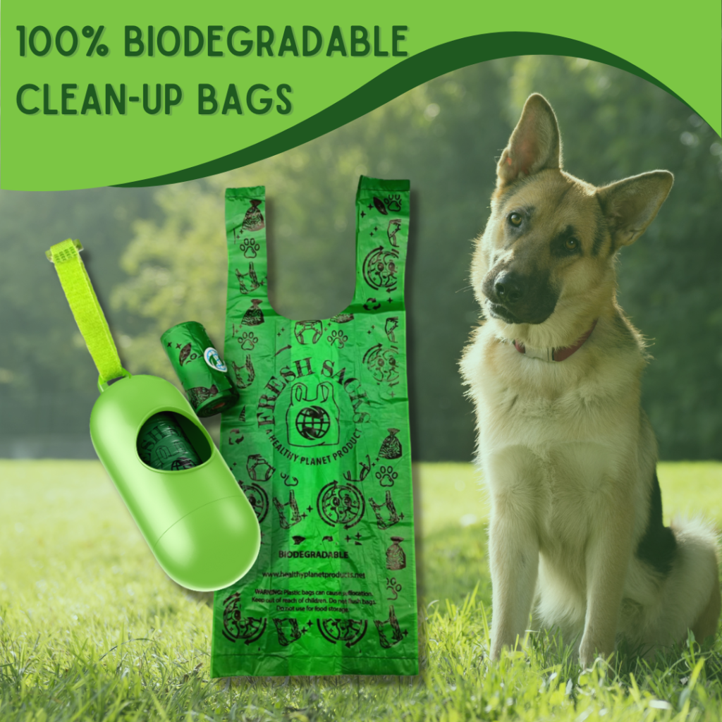 graphic of a German Shepherd with Healthy Planet Products Biodegradable Fresh Sacks plastic bags