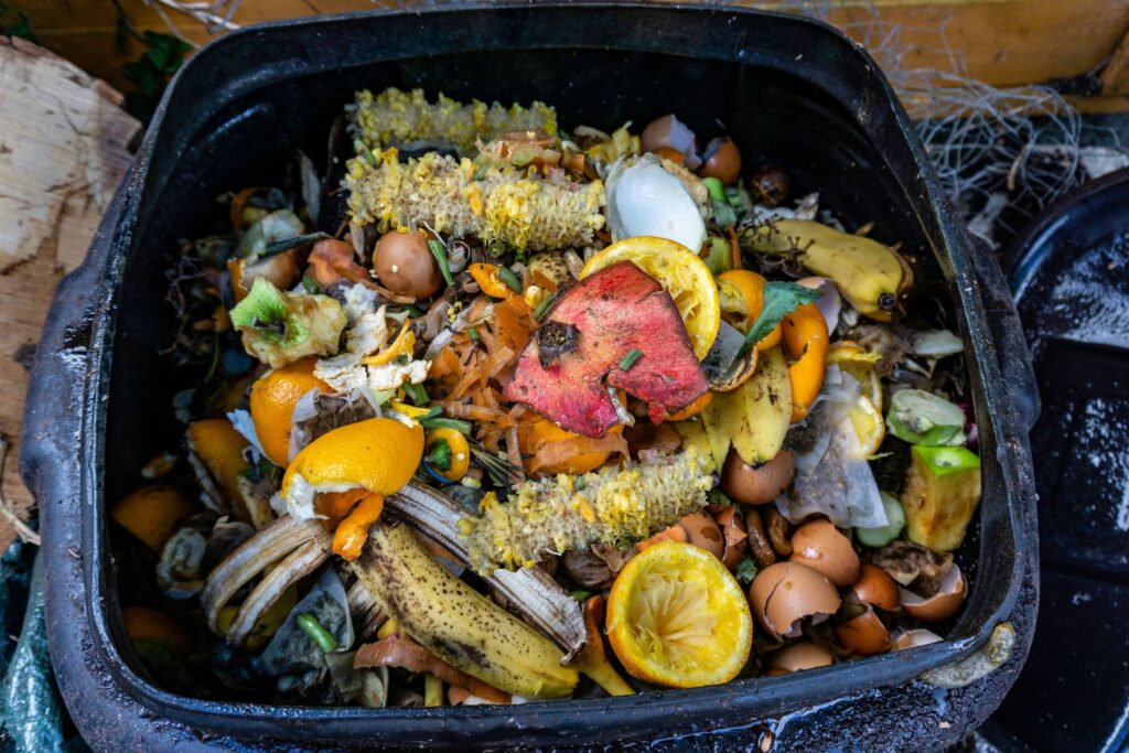 A compost bin filled with organic materials