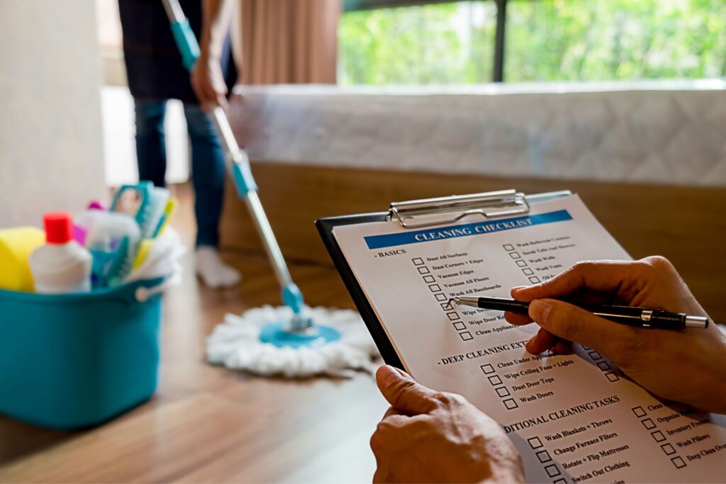 an image of house cleaning with a checklist