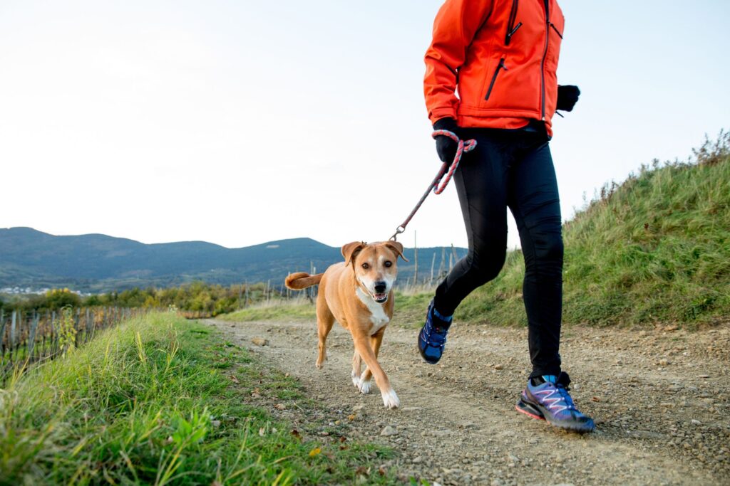 image of woman running with a dog