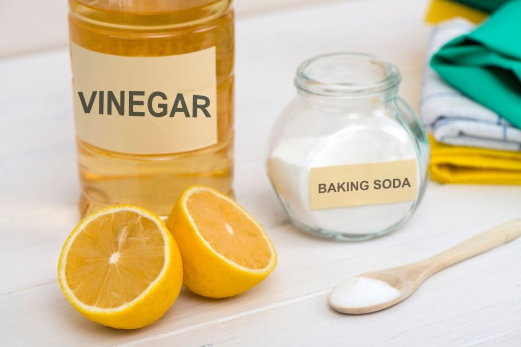 image of vinegar, baking soda, and an orange