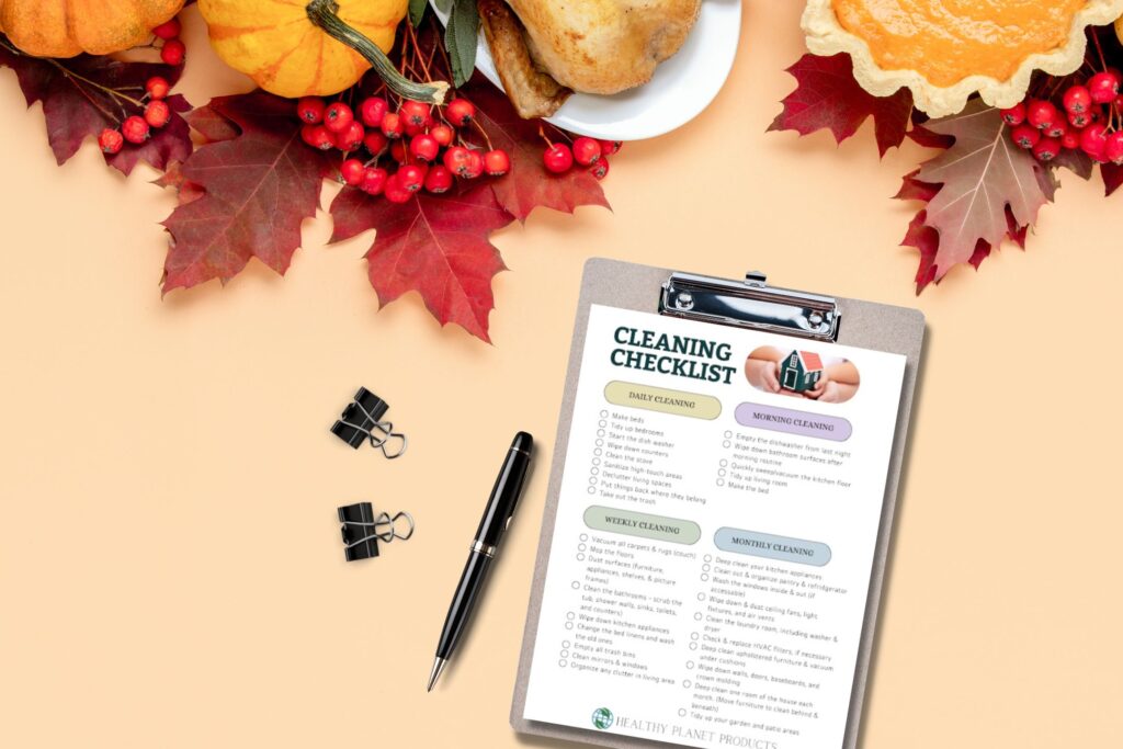 image of a cleaning checklist on a Thanksgiving table