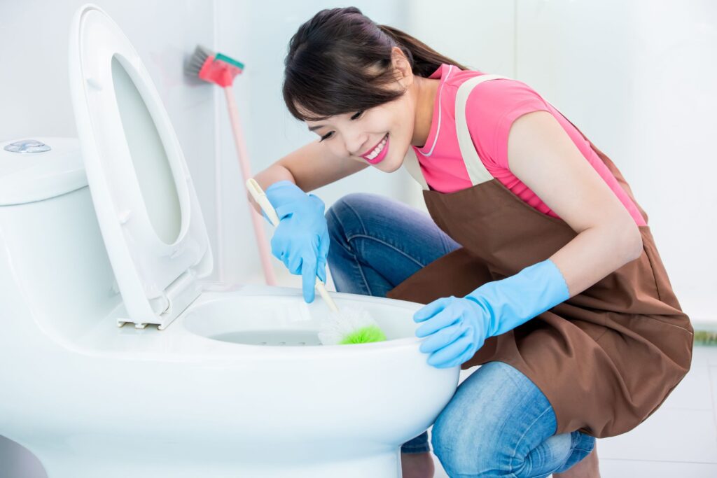 smiling woman cleaning the toilet