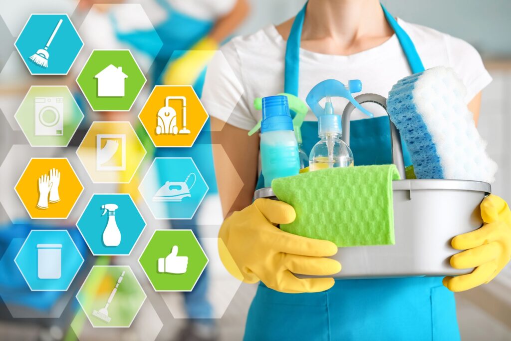 image of a woman holding a bucket of cleaning supplies