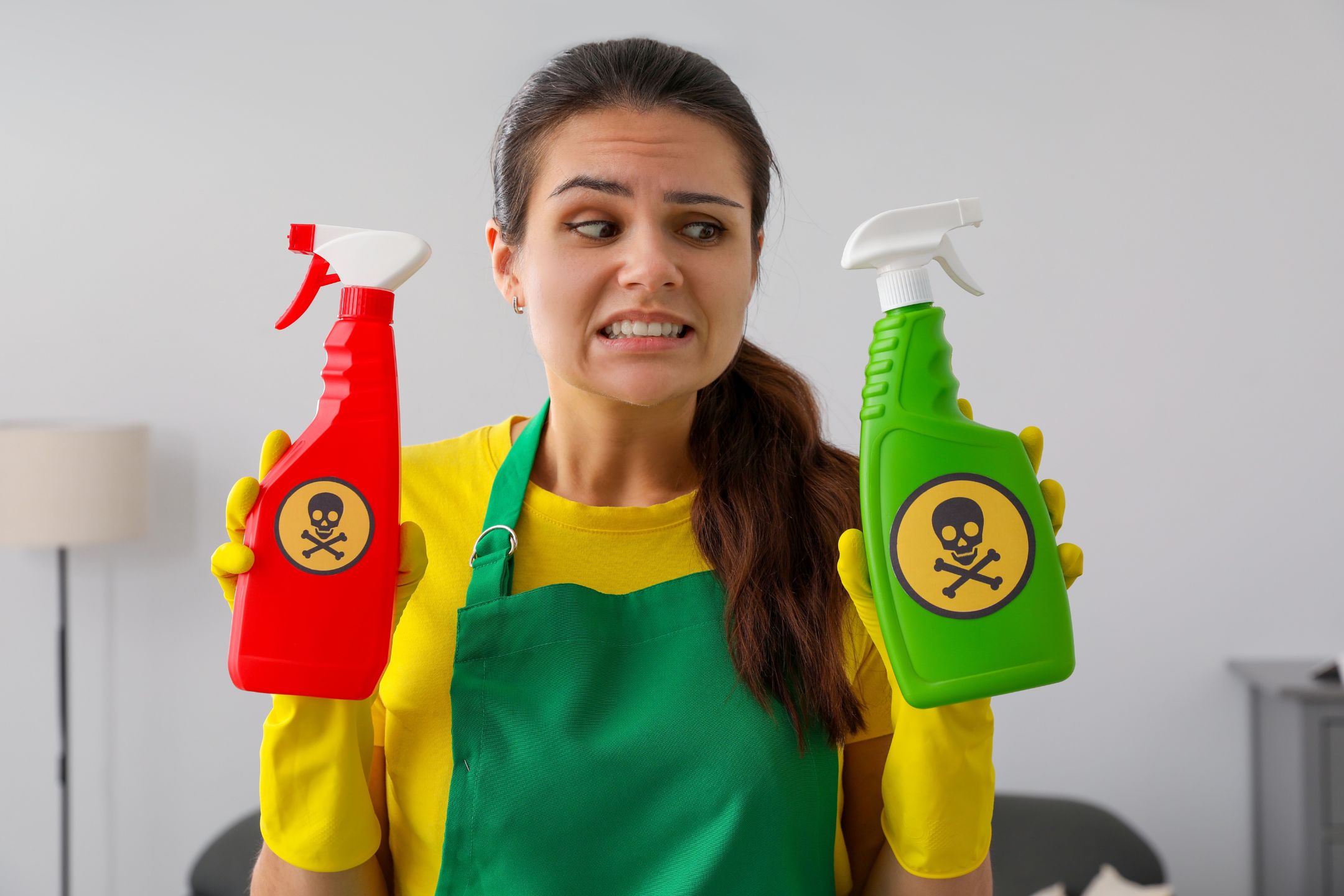 an image of a woman holding two cleaners with skull and crossbones on the labels