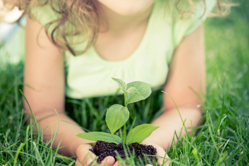 image of a little girl laying on the grass holding a little plant